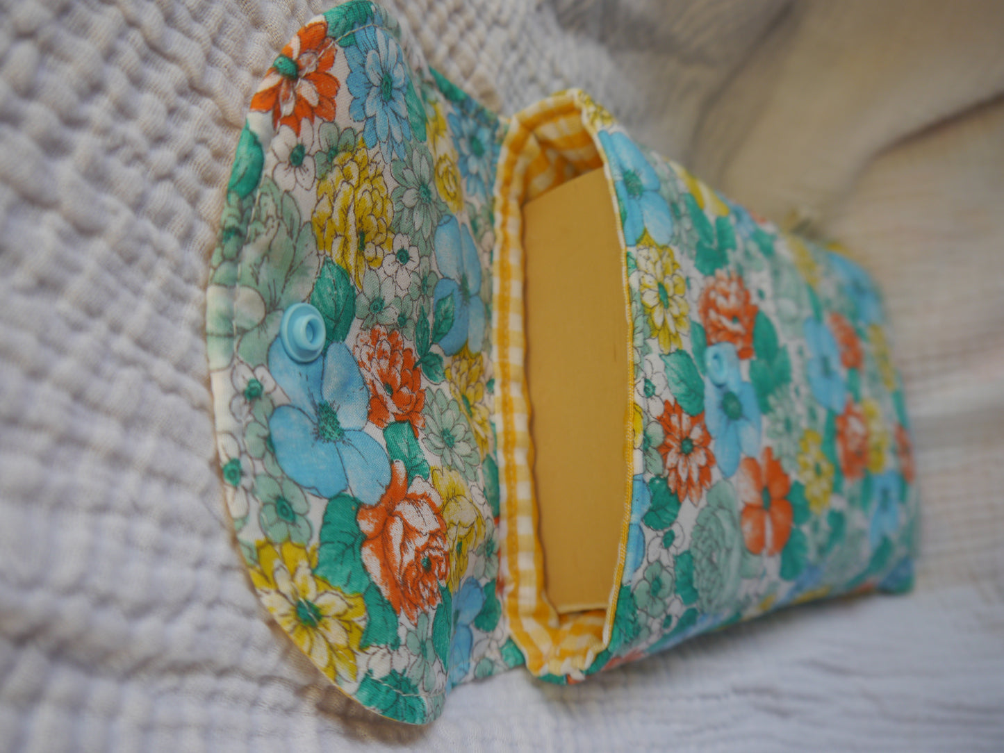 Housse de Livre de Poche / Liseuse avec Rabat - Fleuri Bleu * Vichy Jaune