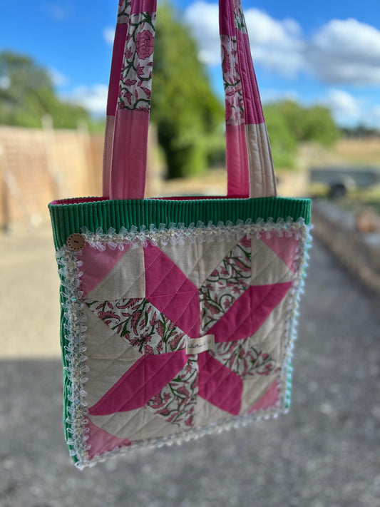 Sac patchwork vert-rose