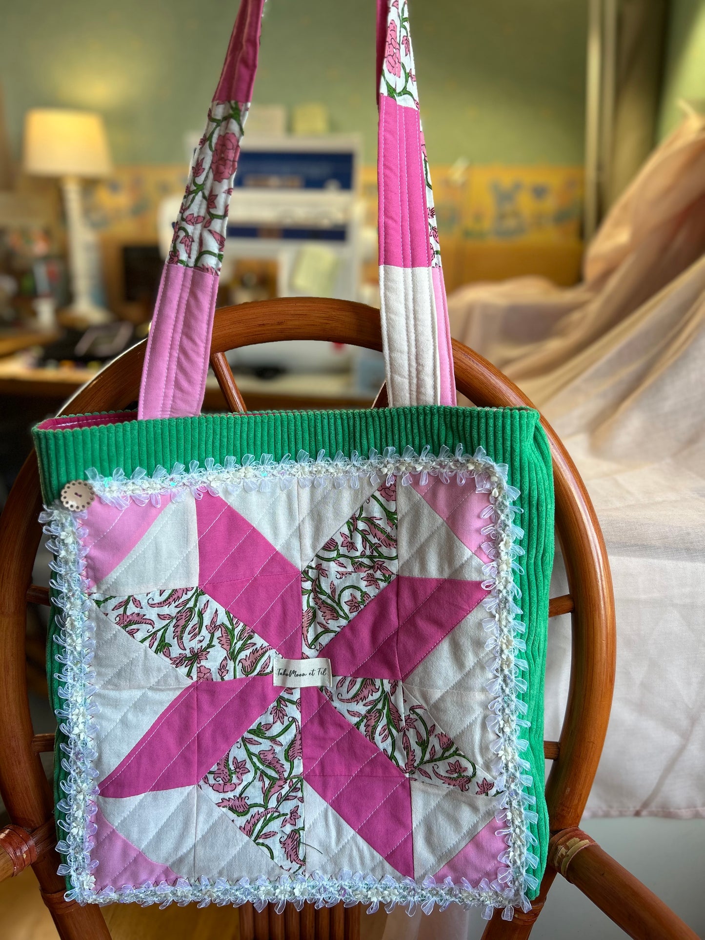 Sac patchwork vert-rose