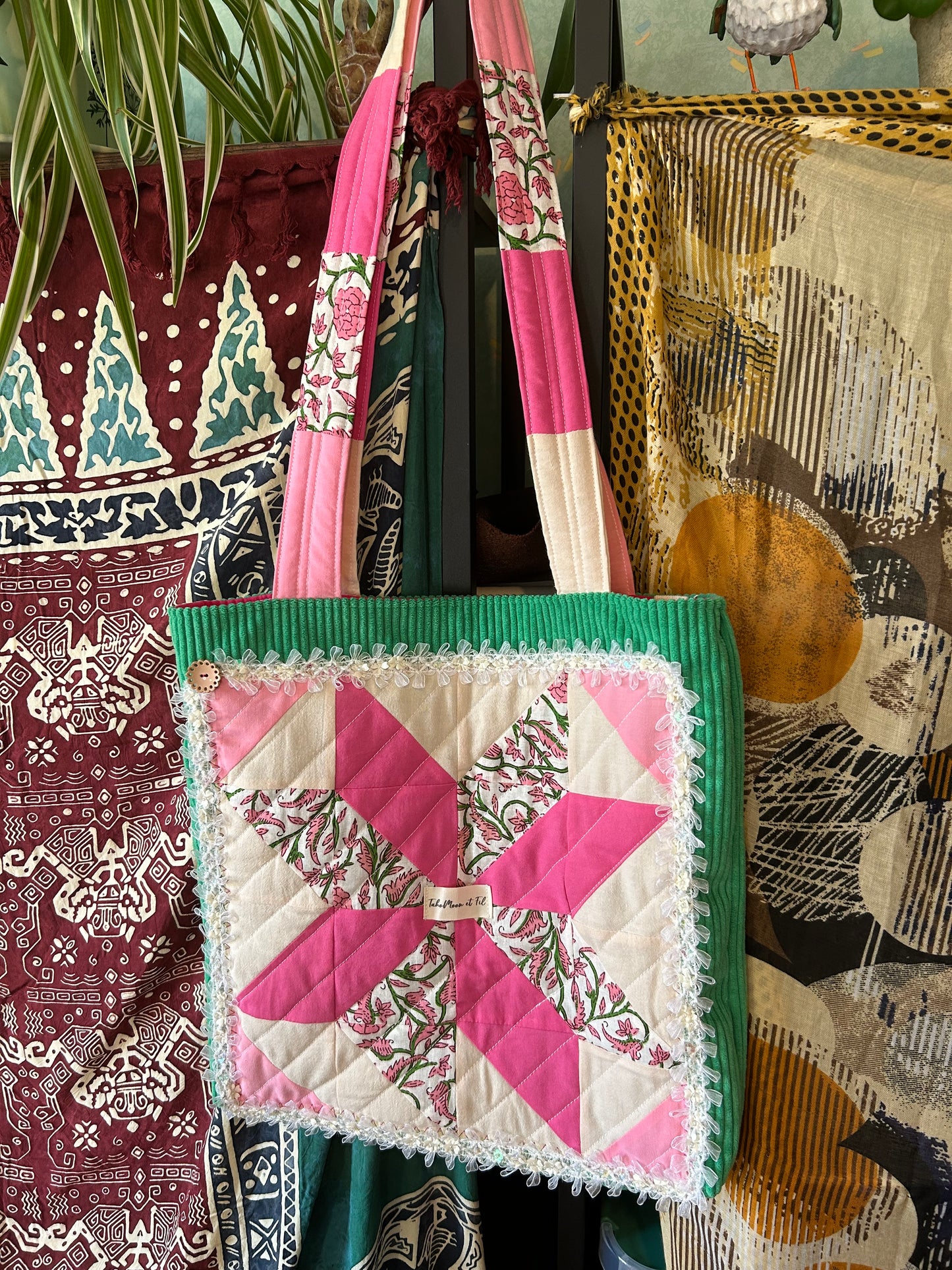Sac patchwork vert-rose