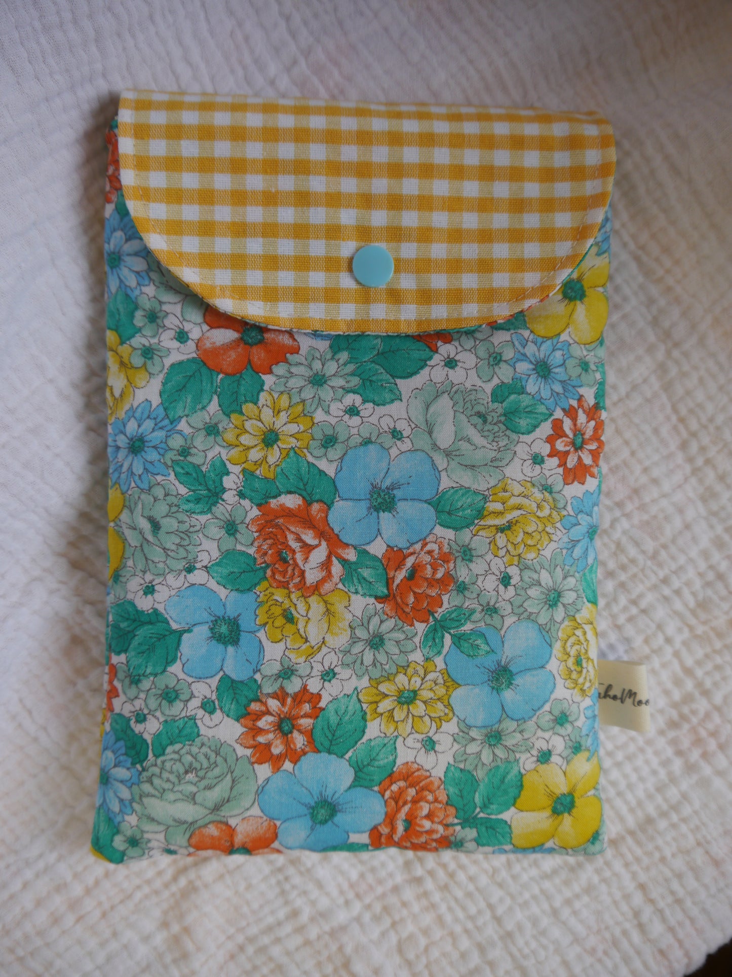 Housse de Livre de Poche / Liseuse avec Rabat - Fleuri Bleu * Vichy Jaune