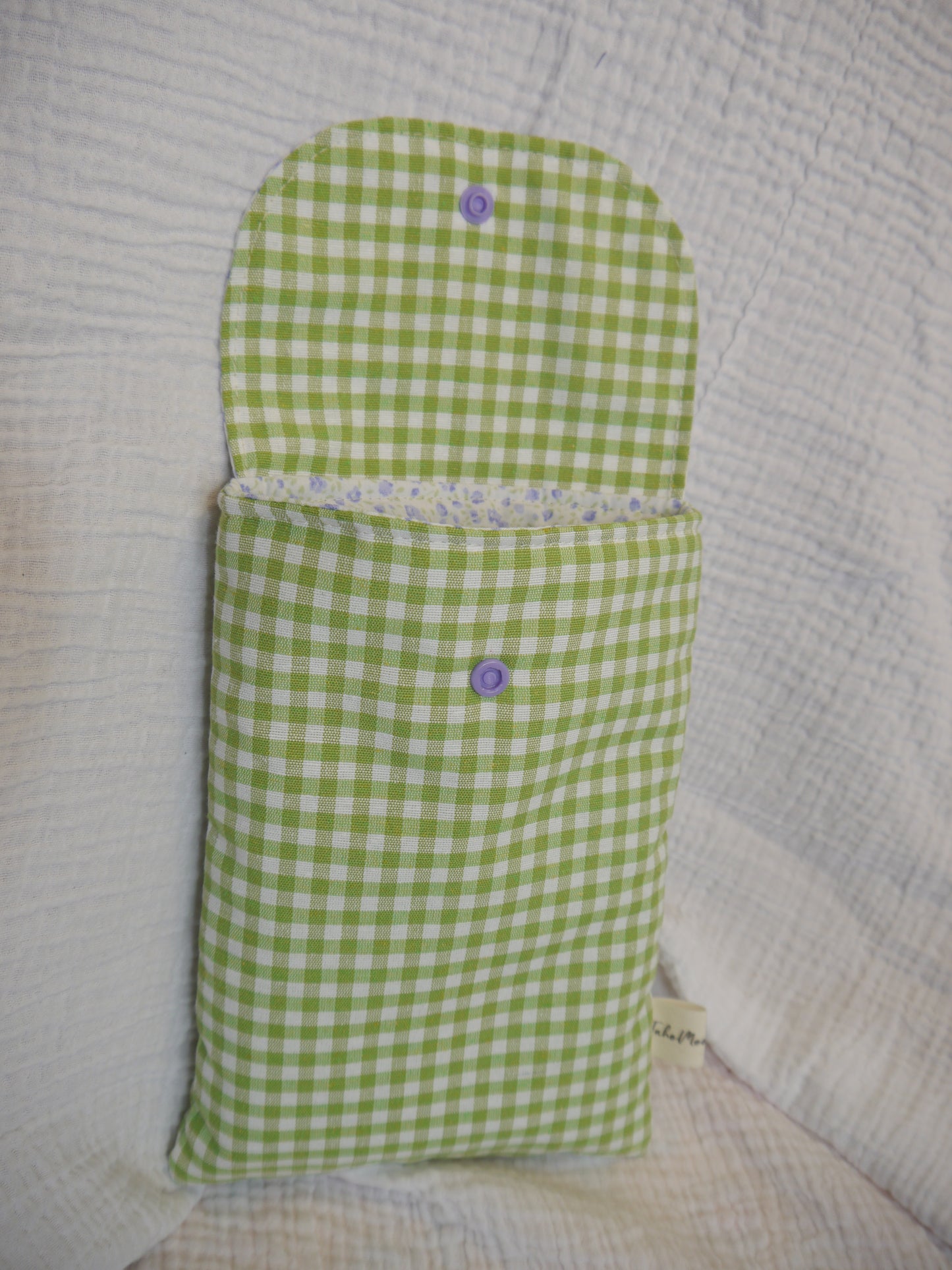Housse de Livre de Poche / Liseuse avec Rabat - Vichy Vert * Petite Fleurs Violette