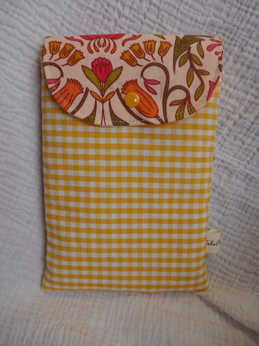 Housse de Livre Poche / Liseuse avec Rabat - Fleuri et Vichy Jaune