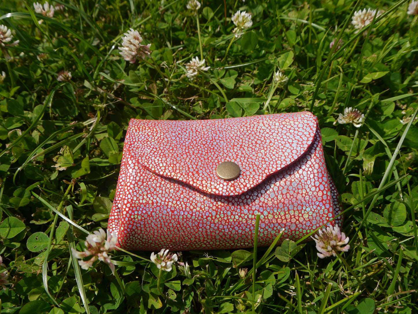 Origami - Porte Monnaie 100% Cuir - Artisanal - Rouge Paillette