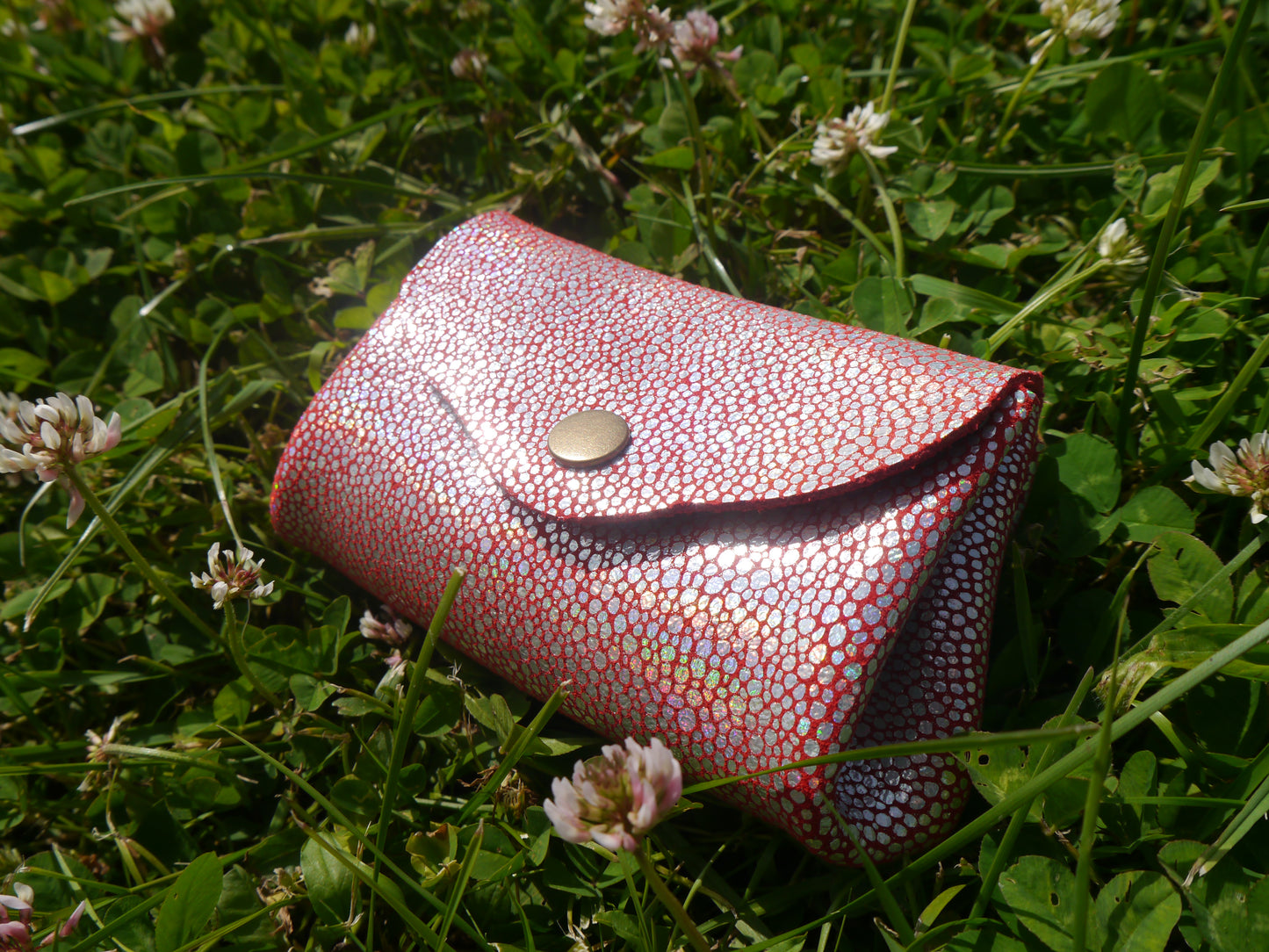 Origami - Porte Monnaie 100% Cuir - Artisanal - Rouge Paillette