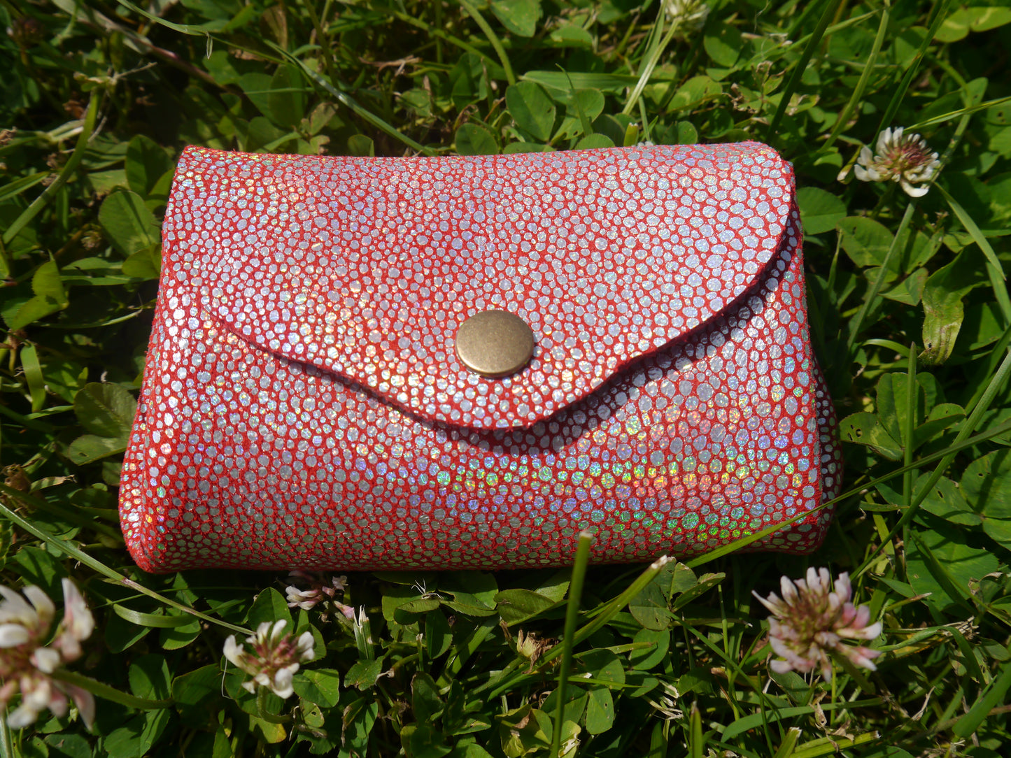 Origami - Porte Monnaie 100% Cuir - Artisanal - Rouge Paillette