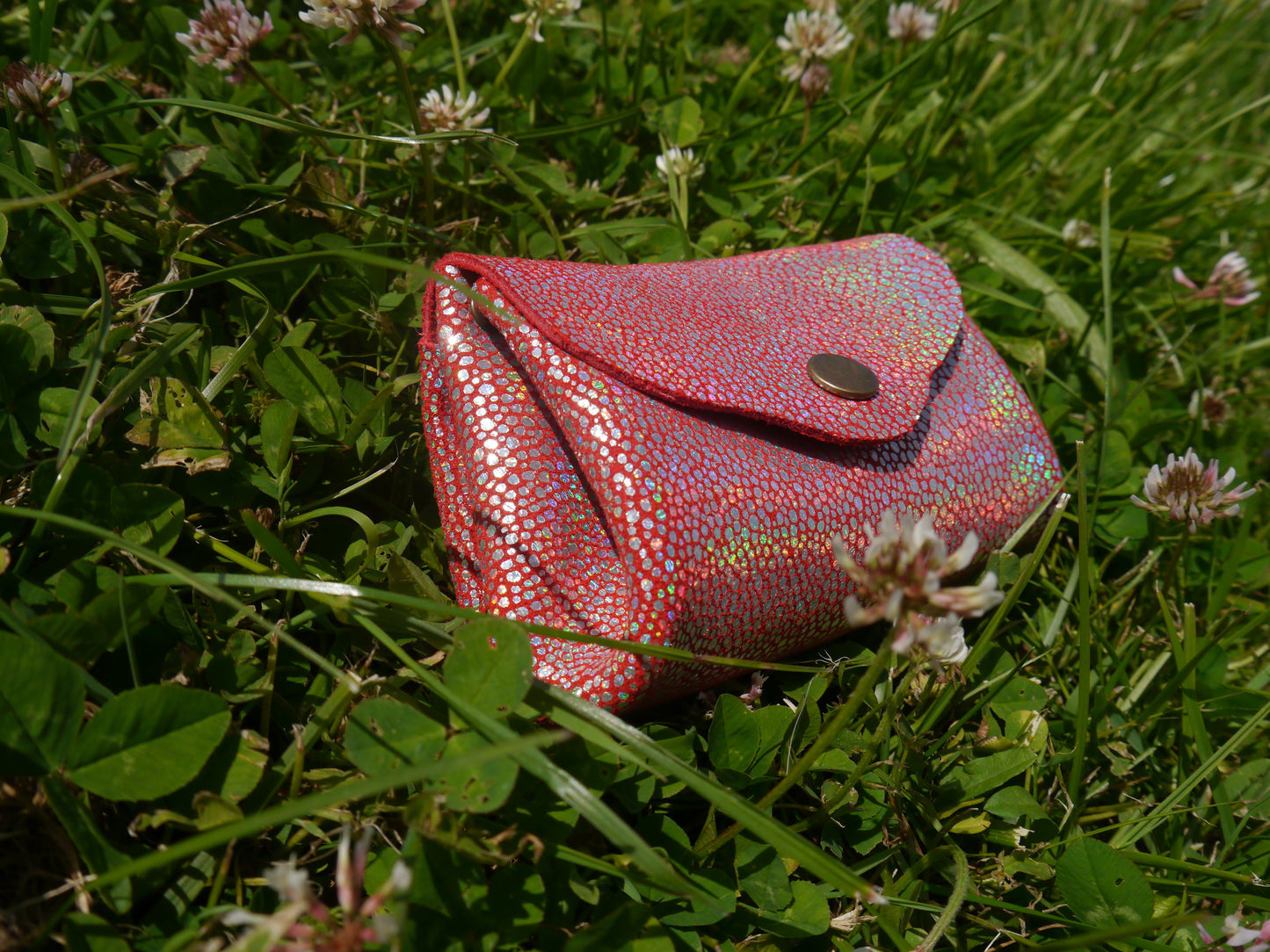 Origami - Porte Monnaie 100% Cuir - Artisanal - Rouge Paillette