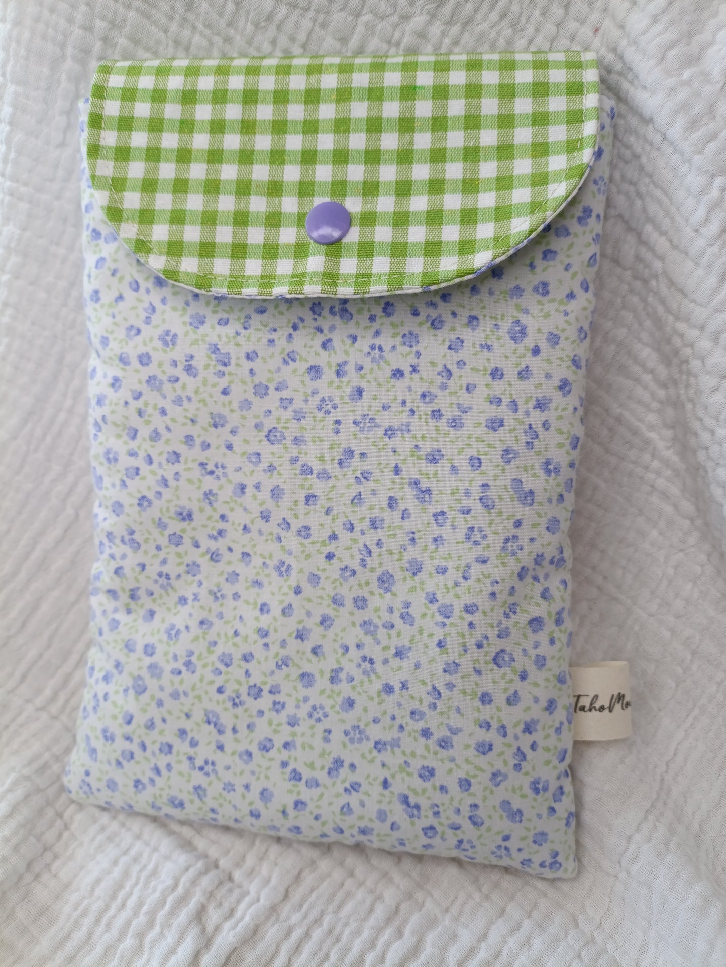 Housse de Livre de Poche / Liseuse avec Rabat Petite Fleurs violette * Vichy Vert